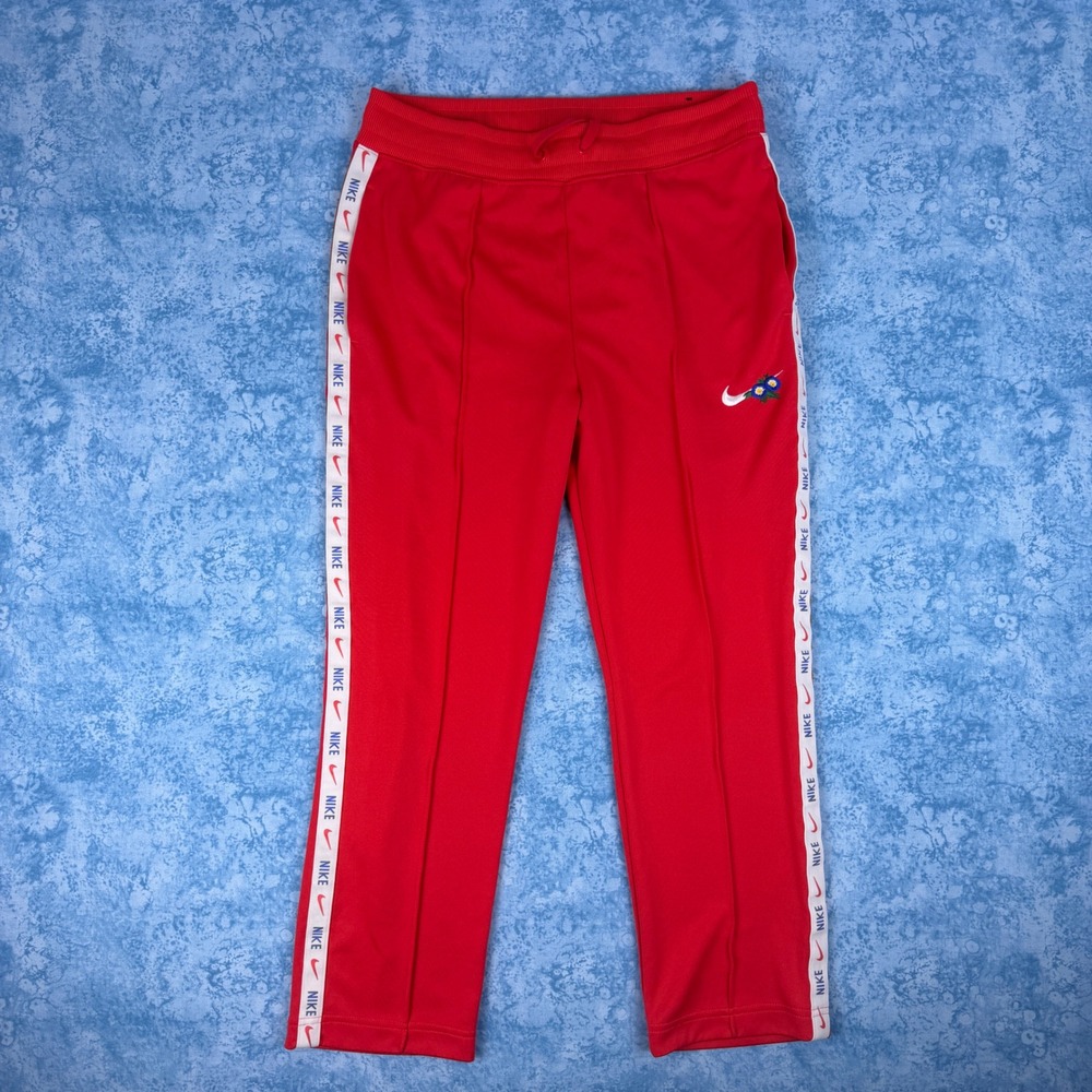 Nike Womens Red Track Pants Floral Swoosh Logo Tape Size M AQ9730-696
